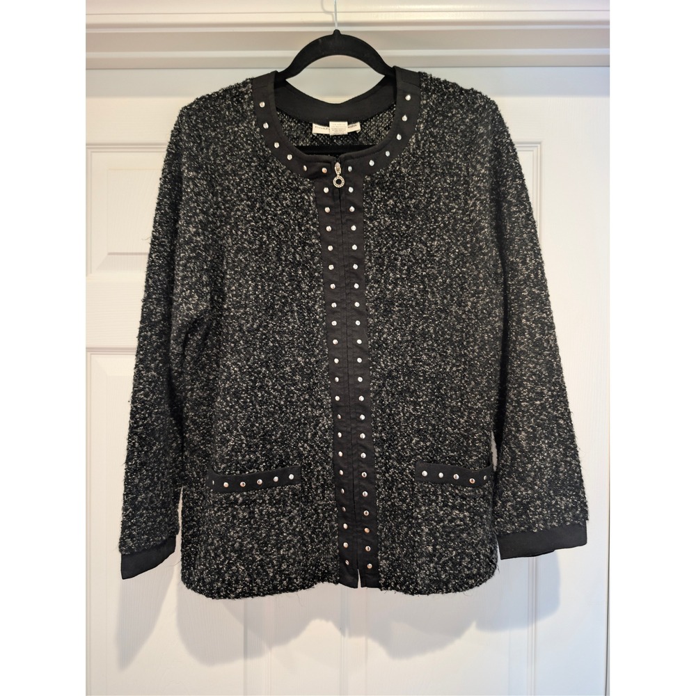 Cathy Daniels Black Boucle Studded Cardigan Womens Large Zip Front Sweater